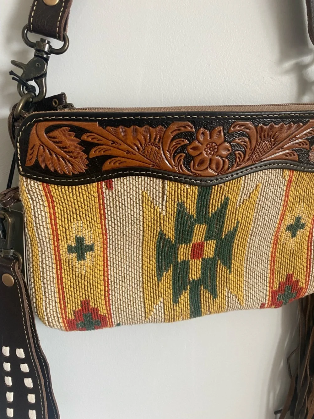 Myra Bag Woven Southwest Crossbody with Tooled Brown Leather Trim - Picture 1 of 9